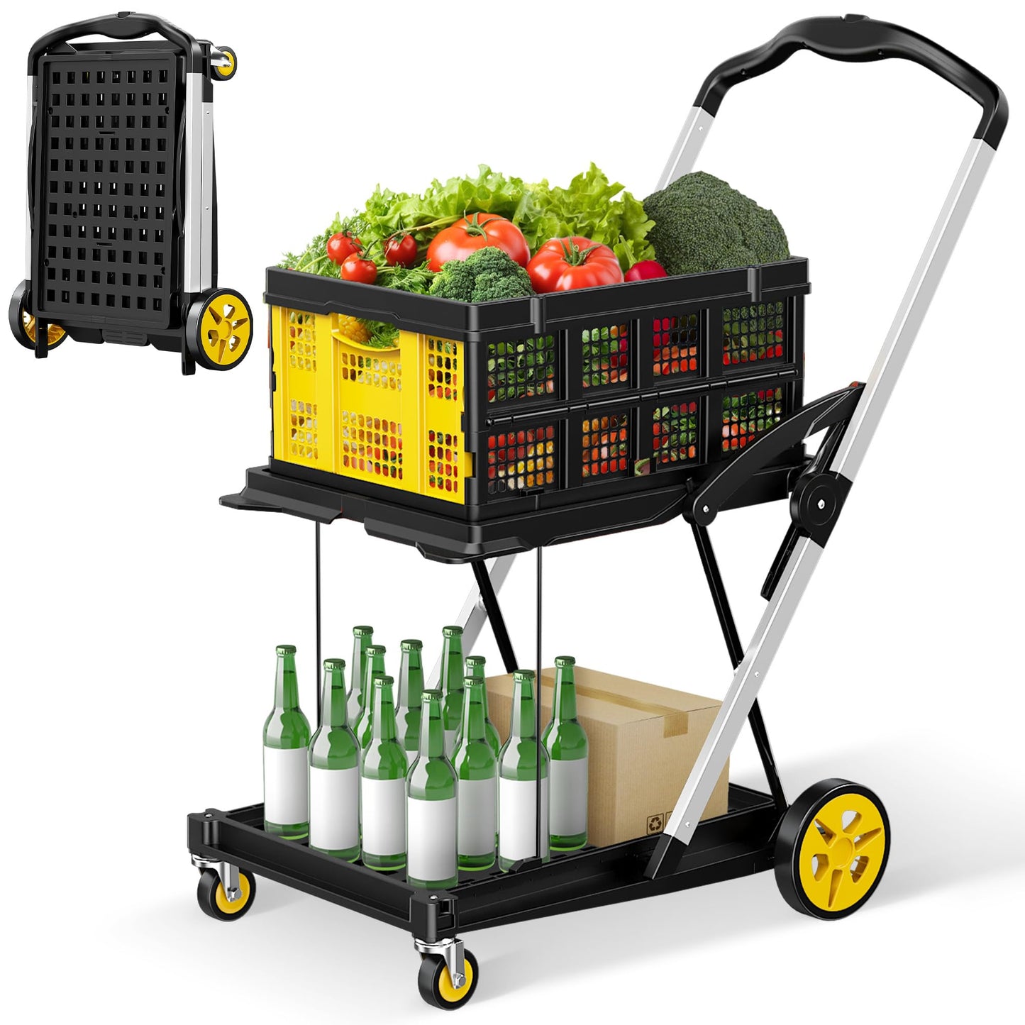 Collapsible Shopping Cart, 8-in-1 200LBS Multi Functional Utility Cart with 1 Storage Crate, Adjustable Handle Grocery Cart on Wheels for Shopping/Warehouse/Office/Supermarket - Yellow