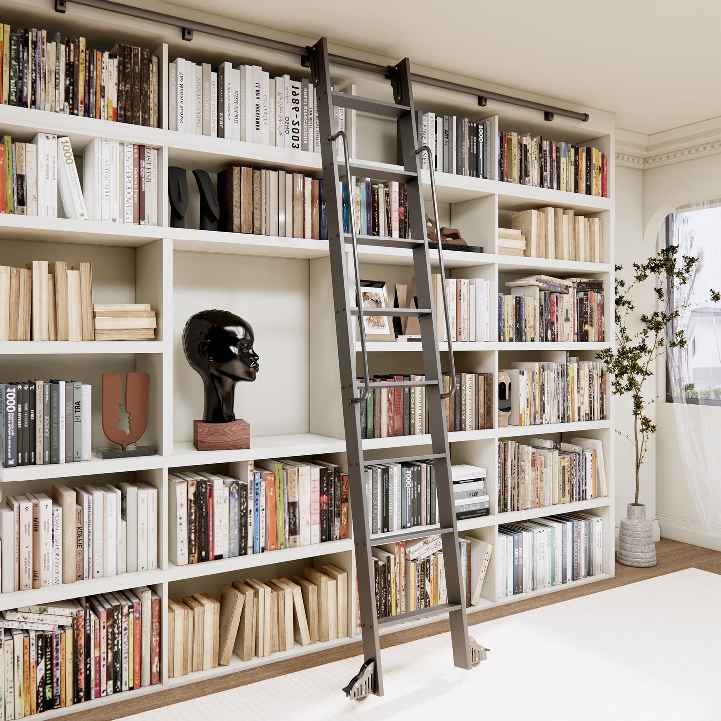 HARDJULAN 96" Telescopic Sliding Library Ladder with Handrail – Lightweight Aluminum Rolling Ladder with Braking Wheels, 4FT Hook Ladder Track Kit for Home, Loft, and Bookshelves