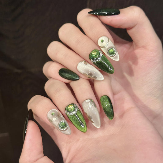 NLSJMP 3D handmade Gel nails press on false nails Almond hand-painted gentle green elegant acrylic Reusable fake nails designed kit,10 Nails Size S #1318