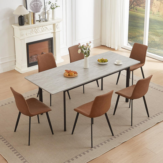 HIPIHOM 63"- 78.7" Extendable Dining Table with 6 Brown Dining Chairs, Modern Kitchen Table Set for 6, Thickened Expandable MDF Wooden Table with Metal Legs for Dining Room, Kitchen, Home