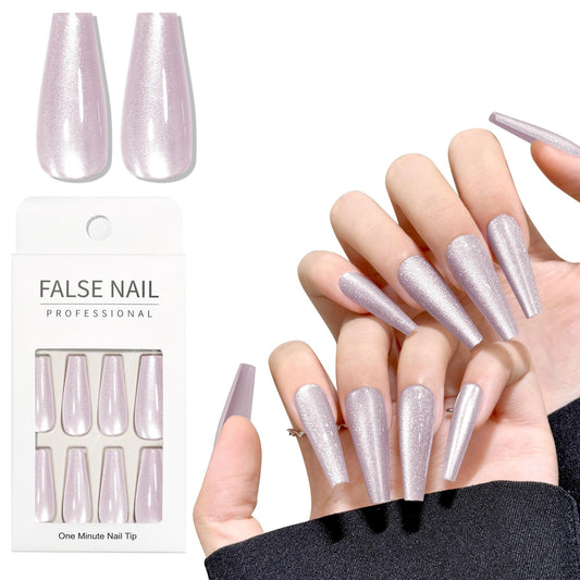 White Pink Cat Eyes Press On Nails,12 Sizes - 24 Pcs Soft Gel White Pink Long Coffin Fake Nails Kit with Nail Glue, Natural Reusable Stick On False Nails for Women and Girls SK1046