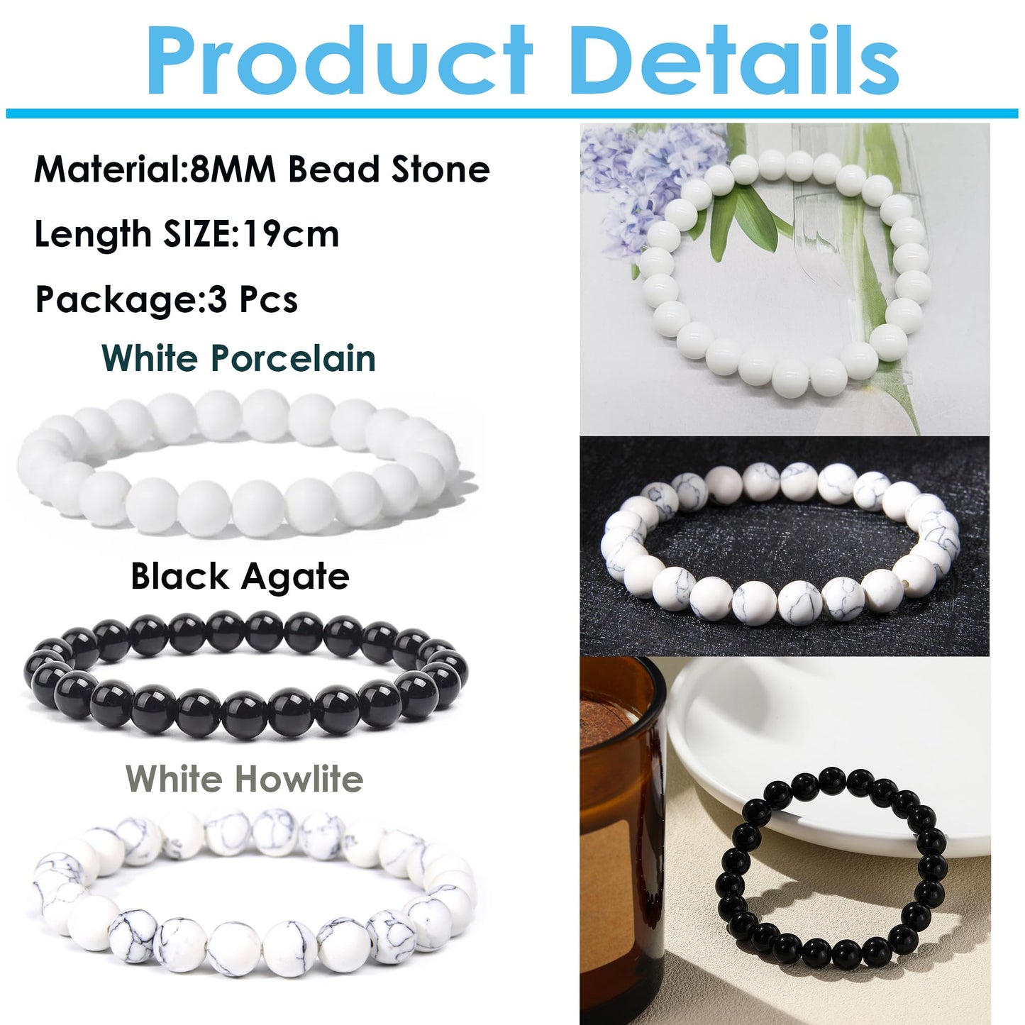 SONNYX 3Pcs 8mm Semi-Precious Gemstones Beaded Bracelets for Women Men Healing Crystal Stone Bracelet Stretch Round Beaded Elastic Bracelets Unisex Jewelry Gifts(White)