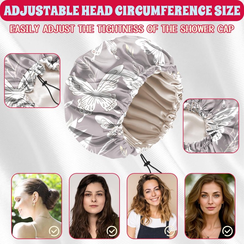 BHAHB Luxury Shower Cap Satin Lined Reusable Waterproof Double Layer Elastic Adjustable Hair Bath Cap Cute Aesthetic Women Girls-White Butterfly