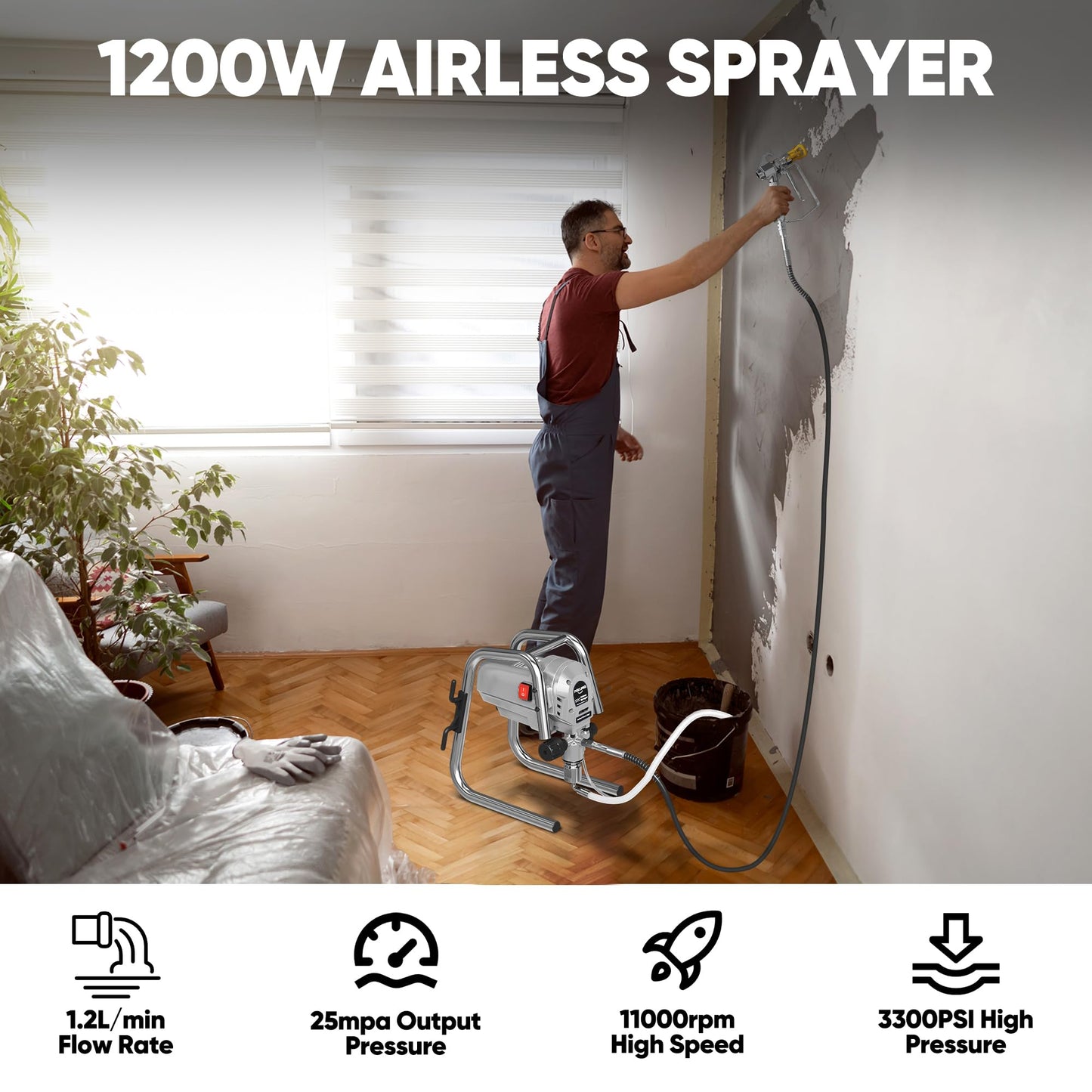 POXURIO 1200W Airless Paint Sprayer, 3300PSI High Efficiency Paint Sprayer Gun, Thinning-Free, with Extension Rod, Stand Airless Sprayer for Home Exterior and Interior, Garage, Deck, Furniture