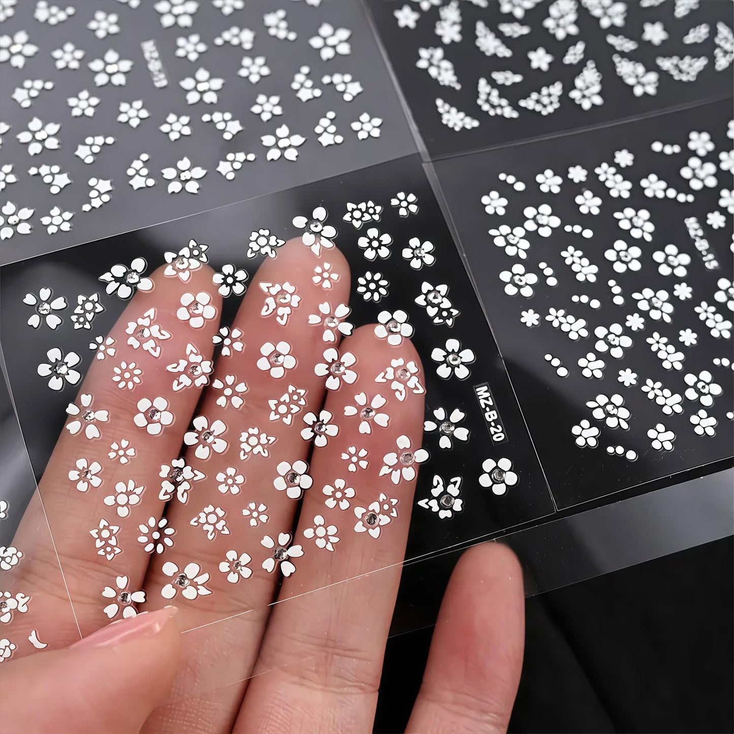 30 Sheets White Flower Nail Art Stickers, 3D Rhinestones Self Adhesive Floral Supplies Decals, Decoration Accessories for Women and Girls