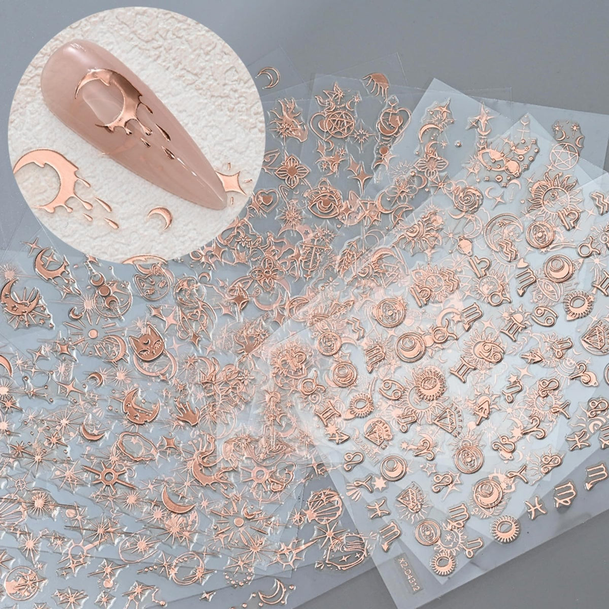 12 Sheets Rose Gold Nail Art Stickers, 3D Self-Adhesive Sun Moon Stars Designs Nail Sticker Acrylic Manicure Decals Decorations Accessory for Women Girls