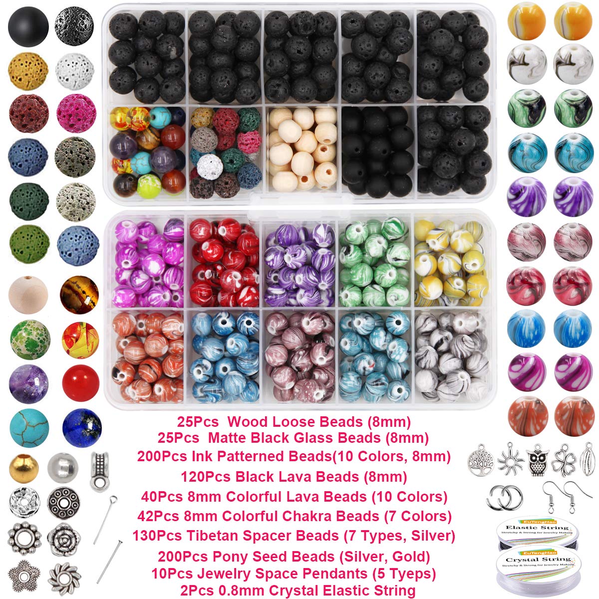 EuTengHao 1146Pcs Lava Beads Round Loose Marble Beads Ink Patterns Chakra Beads with Spacer Beads Pendants Jewelry Findings for Adult DIY Bracelet Necklace Earring Jewelry Making Crafts