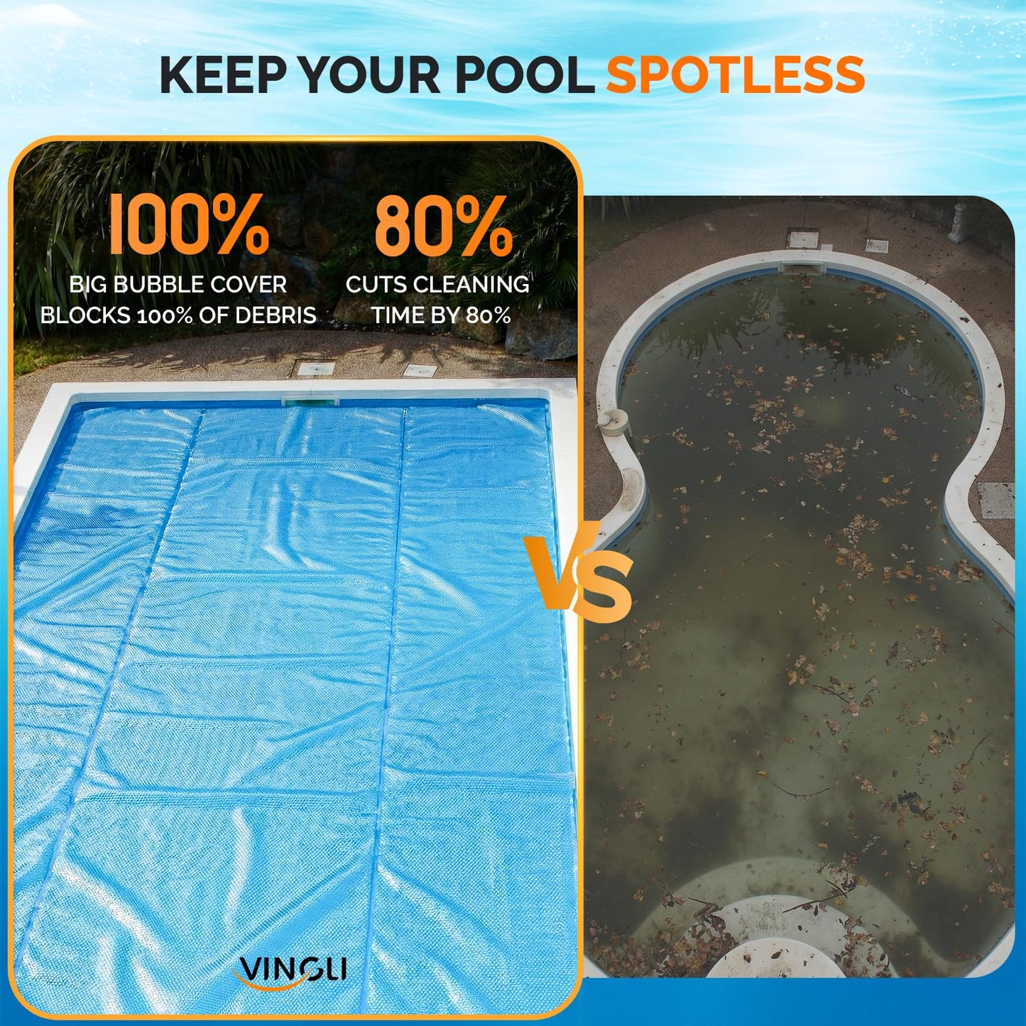 VINGLI 12Mil Solar Pool Cover, Rectangle Solar Blanket-Heavy Duty Solar Pool Cover for Above Ground Pool-Pool Solar Cover for Inground Pool (Blue, 14'x28' Rectangular)