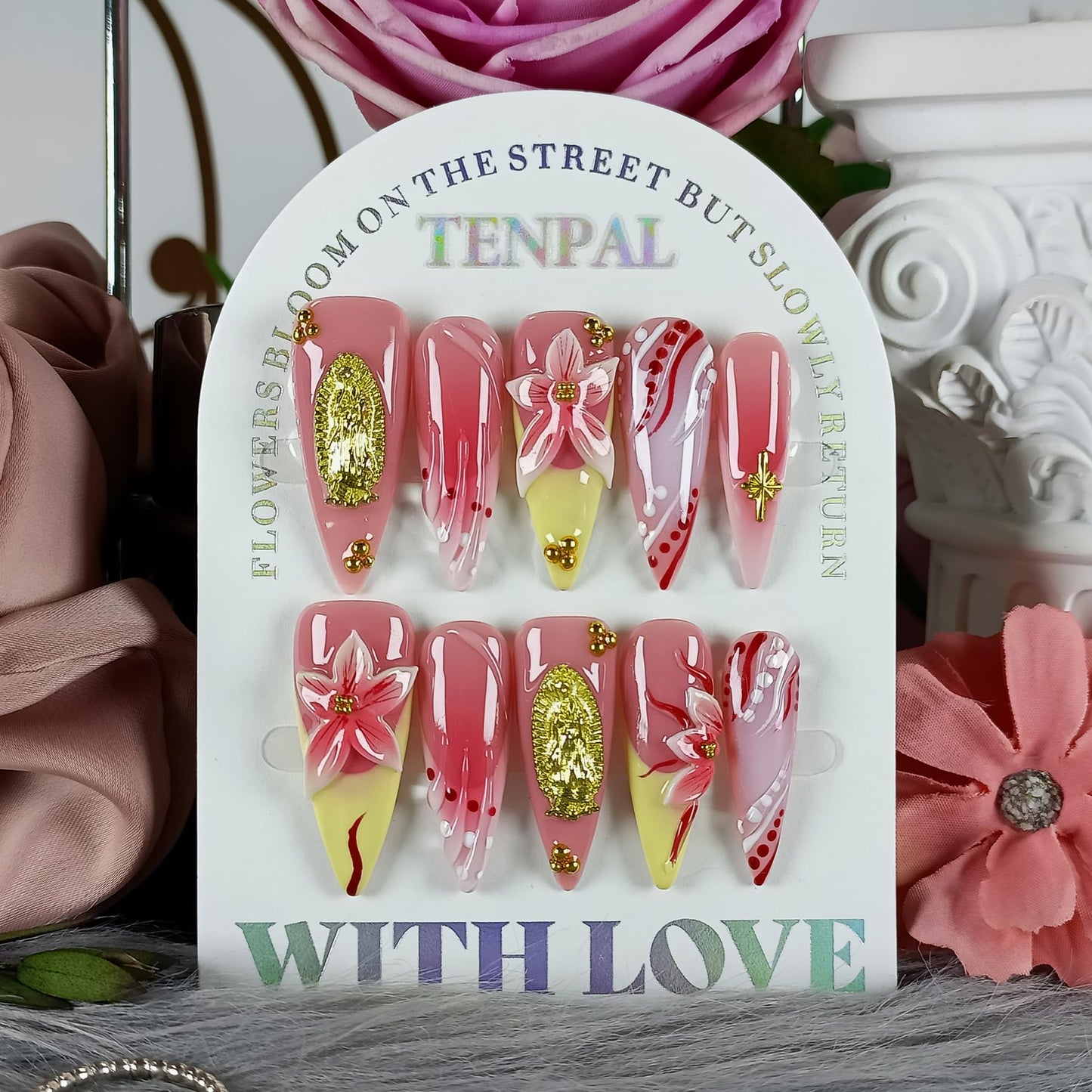 TENPAL Handmade Press on Nails Long Stiletto - Vivid Red 3D Floral Blush Ombre Hand Painted Design Fake Nails for Women Girls- Glossy French Tips Stick on Nails for Gifts(L)