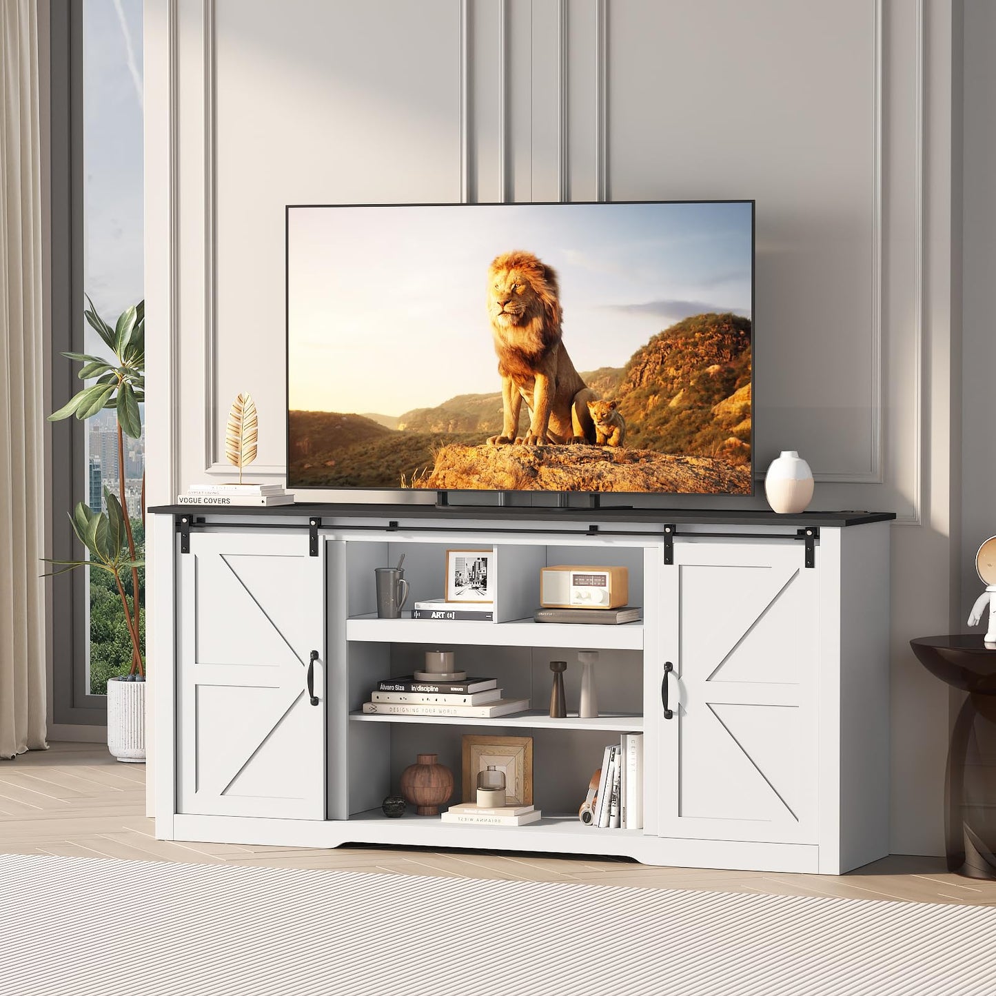 GarveeLife 70 in Farmhouse TV Stand with Power Outlets for Televisions Up to 80 in TVs, Sliding Barn Door & Large Storage Cabinets with Adjustable Shelf, 32 in Tall TV Media Console, White