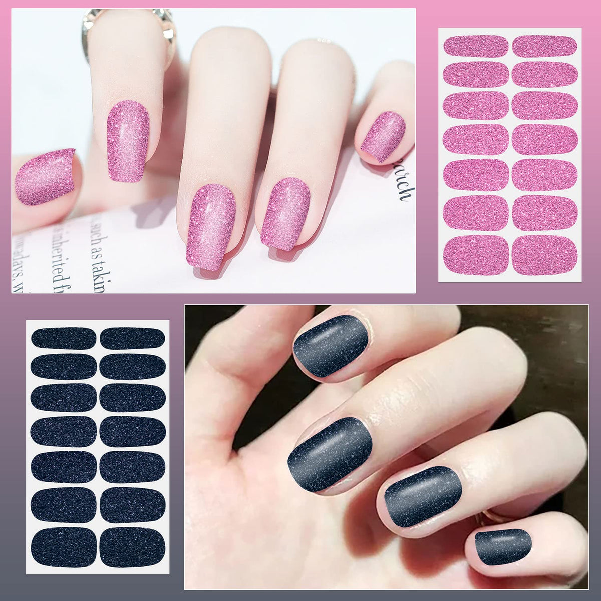DANNEASY 24 Sheets Glitter Nail Polish Stickers Full Nail Wraps for Women Self Adhesive Nail Polish Strips Gel Nail Strips Stick on Nails Manicure Kit with Nail File, Cuticle Stick