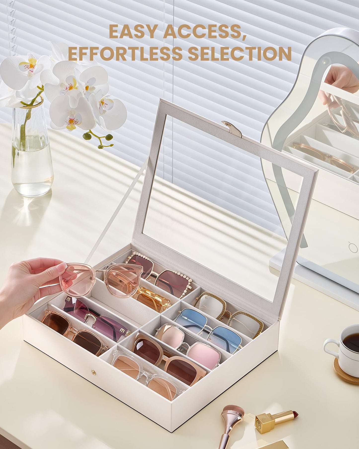 Lolalet 10 Slots Sunglasses Organizer Box, Eyeglasses Eyewear Display Case for Multiple Pairs of Glasses Collection Holder for Men Women, Mothers Day Gifts -1 Layer, Beige