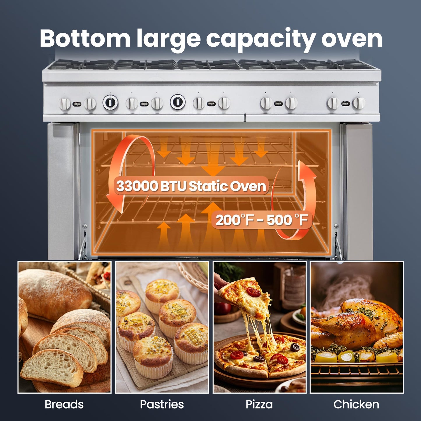 Commercial 60" Gas Range with Oven, 10 Open Burners and Under Full Size Oven 300000 BTU & 33000 Static Oven,NG/LPG Conversion kit, Manual Gas Valve,Freestanding Gas Range for Restaurants