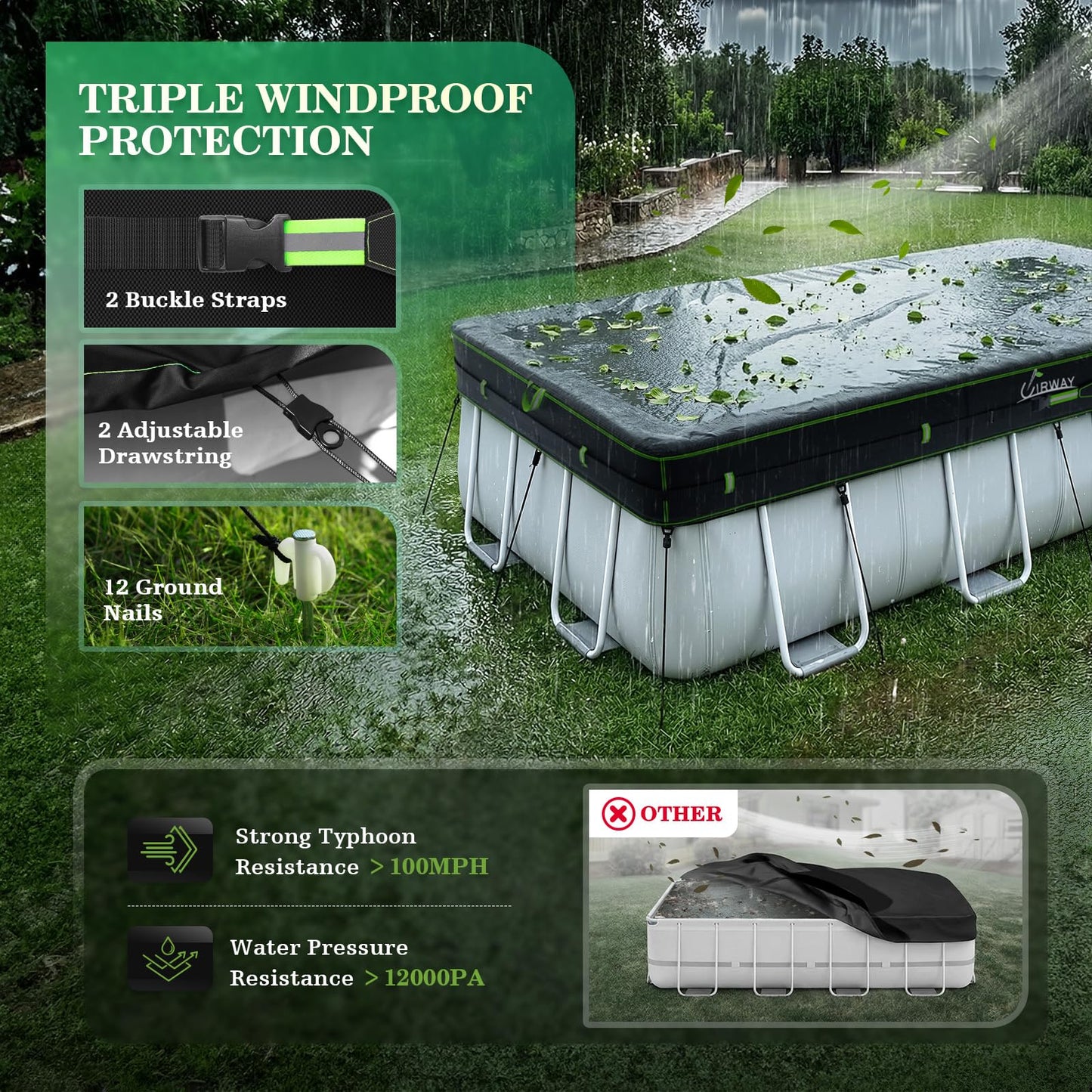 UIRWAY 500D Pool Cover 7x10FT Rectangular [2026 Upgraded Heavy Duty Fabric] Solar Pool Covers for Above Ground Pools, Swimming Pool Covers Including Windproof Straps and Luminous Ground, UV Resistant