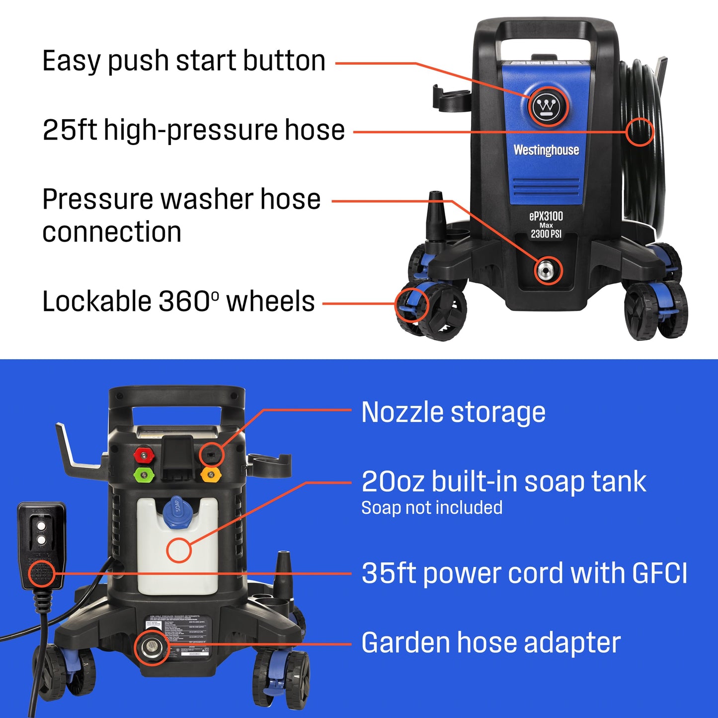 Westinghouse ePX3100 Electric Pressure Washer, 2300 Max PSI 1.76 Max GPM with Anti-Tipping Technology, Onboard Soap Tank, Pro-Style Steel Wand, 5-Nozzle Set + 12 Inch 2500 Max PSI Surface Cleaner