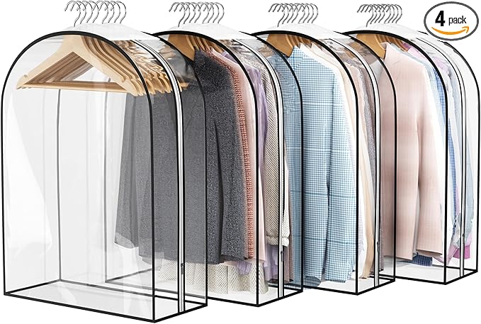 Liuoud Clear Garment Bag for Hanging Clothes 10â Gusseted, 32â Suit Bags for Open Closet Storage Plastic Clothes Cover for Coat, Dress, Shirts, Fur, Jacket, Wardrobe Protectors, 4 Pack