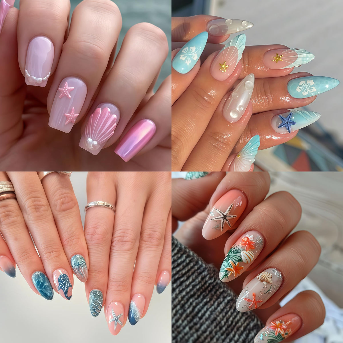 3 Pcs Summer Seashell Starfish Nail Art Stickers 5D Embossed Self-Adhesive Nail Decals Jellyfish Coconut Tree Seahorse Nail Design Summer Sea Theme Nail Supplies Marine Life Nail Decorations for Women