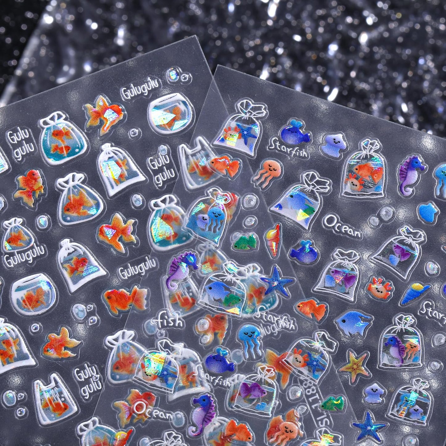 SIMAYKUWA Jelly Bag 3D Goldfish Nail Stickers - 5D Relief Ocean Theme Bubble Water Nail Art Decor, DIY Easy Apply Fake Nails for Women Girls, Cute Long Lasting Manicure Accessories A Set of 2 Sheets