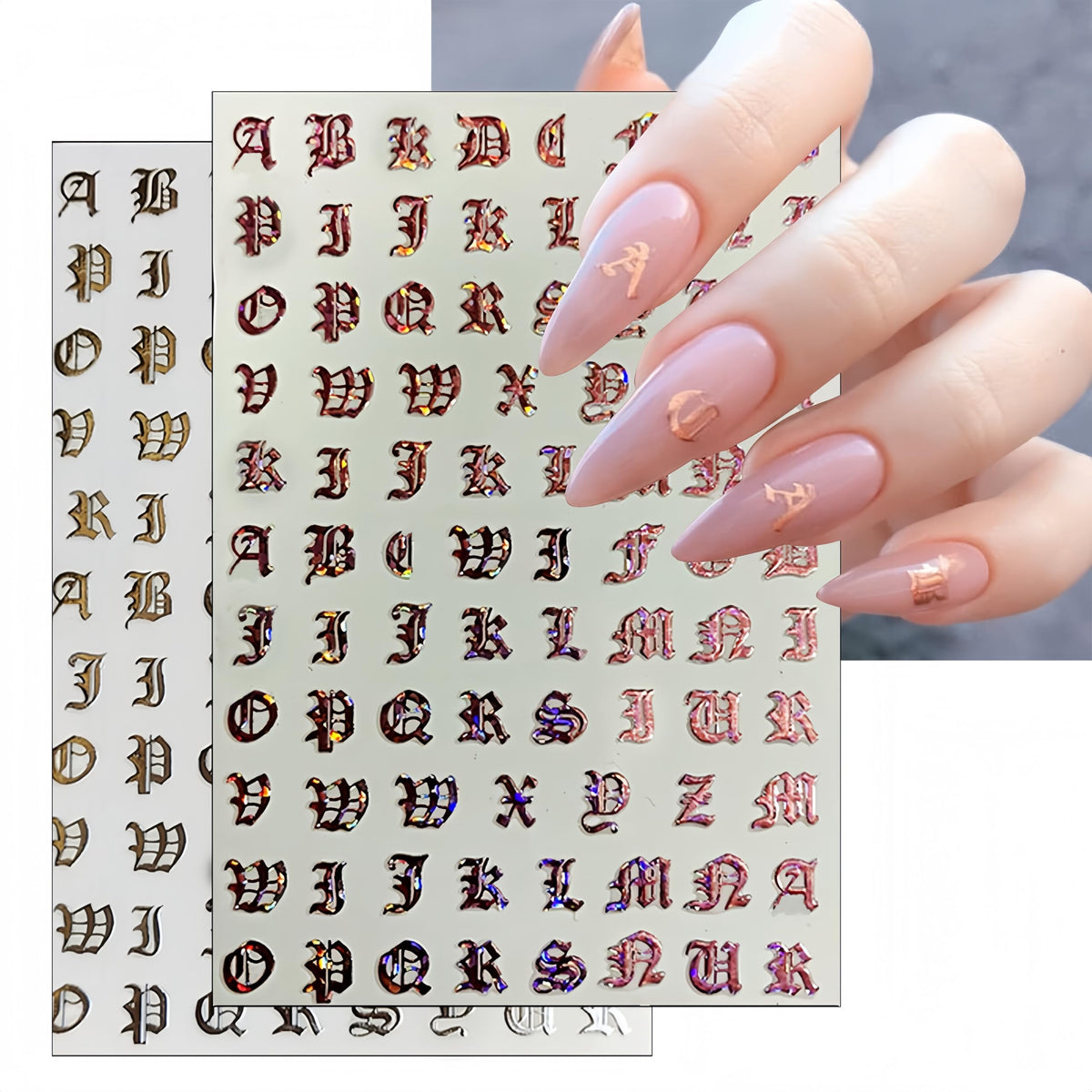8 Sheets Old English Nail Art Stickers Decals Black and White Letters Characters Nail Decals Laser Glitter Gold Alphabet Nail Art Design Letter Words Nail Stickers for Women Girls Nail Decoration