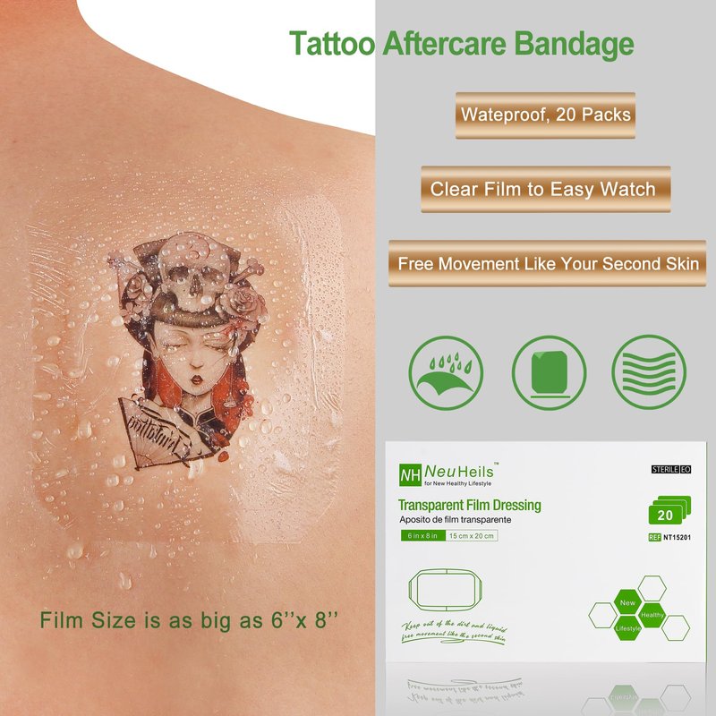 NeuHeils Transparent Film Dressing, Size 6''x8'', 20 Packs, Tattoo Aftercare Bandages, Large Waterproof Wound Cover Patch, Post Surgical Shower Shiled, IV Shield, PICC Catheter Shower Cover