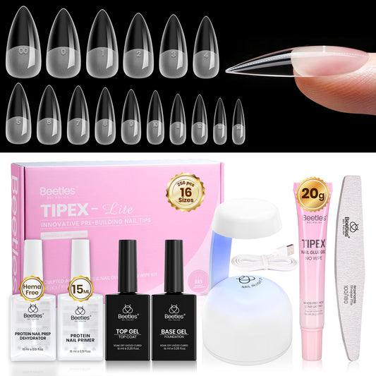 Beetles Tipex Lite Nail Tips Kit with Dehydrator & Primer, Medium Stiletto Full Cover Clear Nails 256PCS 16 Sizes, Mini UV Lamp, 20g Solid Nail Glue, Base & Top Coat, All-in-One Nail Starter Kit