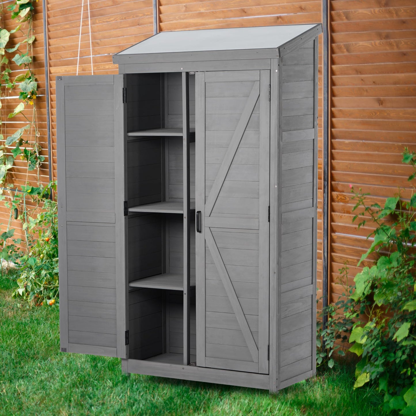 Ball & Cast 68" Garden Shed Tool Shed with Metal Top and Adjustable Protective Footpad,X-Shape Design Outdoor Cedar Wood Storage Cabinet W/Magnetic Door,Tall Shelter for Yard Patio,Gray