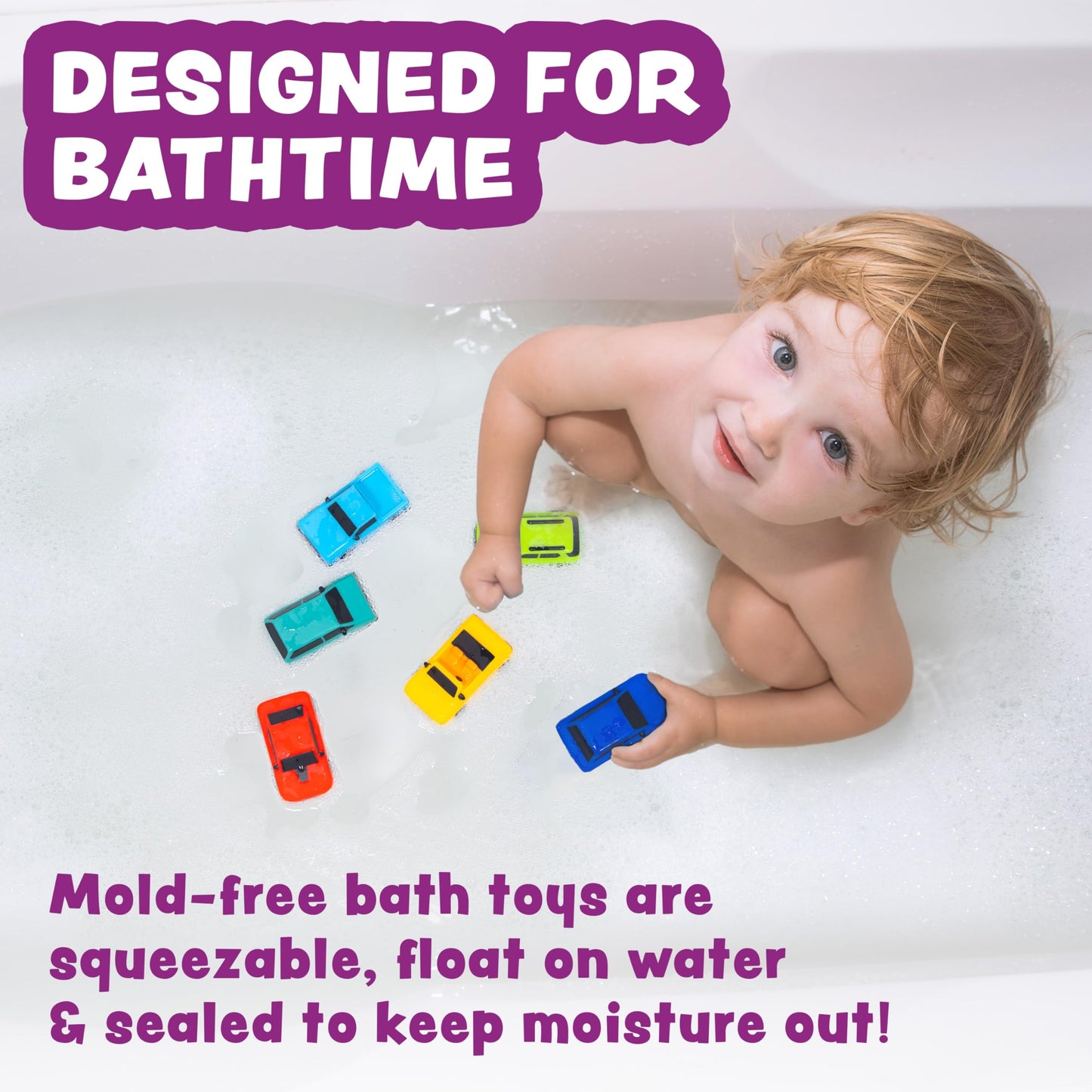 Tub Works® Everyday Cars™ Watertight Baby Bath Toys, 6 Pack | Sealed, No Hole Bath Toys Design Keeps Moisture Out | Soft, Squeezable & Floating Fun | Infant, Baby & Toddler Bath Toys | Car Tub Toys