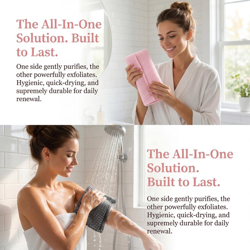 2 PC Alorin Silver Towel Exfoliating Shower Towel, Rip-Resistant Washcloth for All Skin Types, Pink and Black
