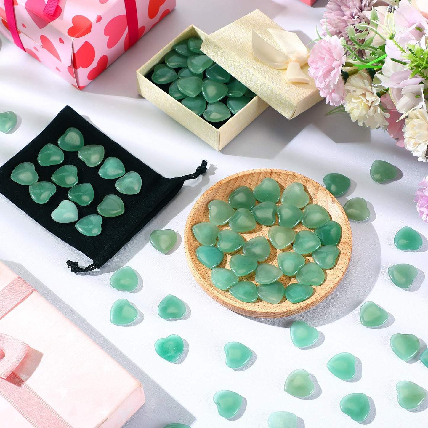 Ecation 120 Pcs Heart Quartz Bulk Crystals Stone Bulk Natural Polished Stone Heart Love Carved Healing Worry Crystal with Flannel Bag for Women Gifts(Green Aventurine)