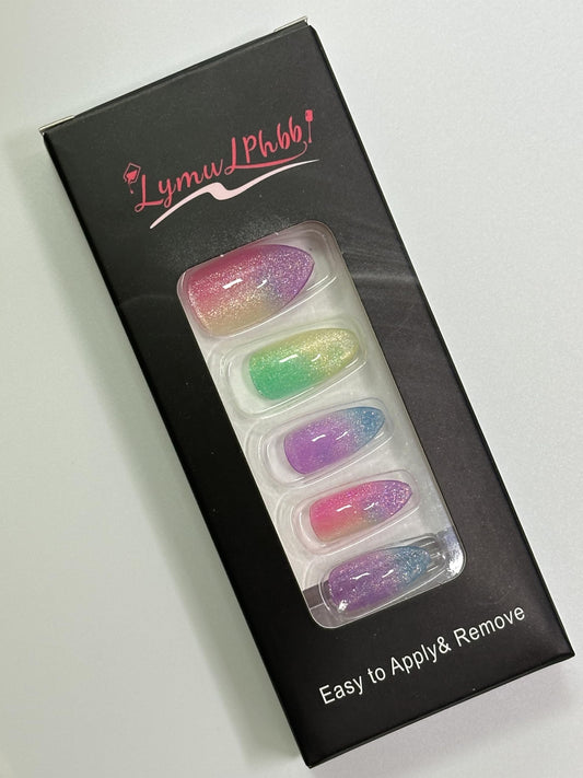 LymwLphbb 24pcs Press on Nails, Long Almond Fake Nails with healthy Glue, easy use for Women with Designs and Recyle, Multicolored Glitter Faux Nails Set, Rainbow Color