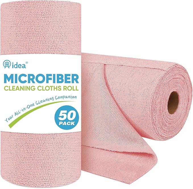 AIDEA Microfiber Cleaning Cloth Roll, 50PK, Tear Away Reusable Paper Towels Pink, Commercial Shop Rags, Microfiber Towels for Cars, Lint Free Cleaning Rags for House, Kitchen, Garage Shop, 11.5"Ã11.5"