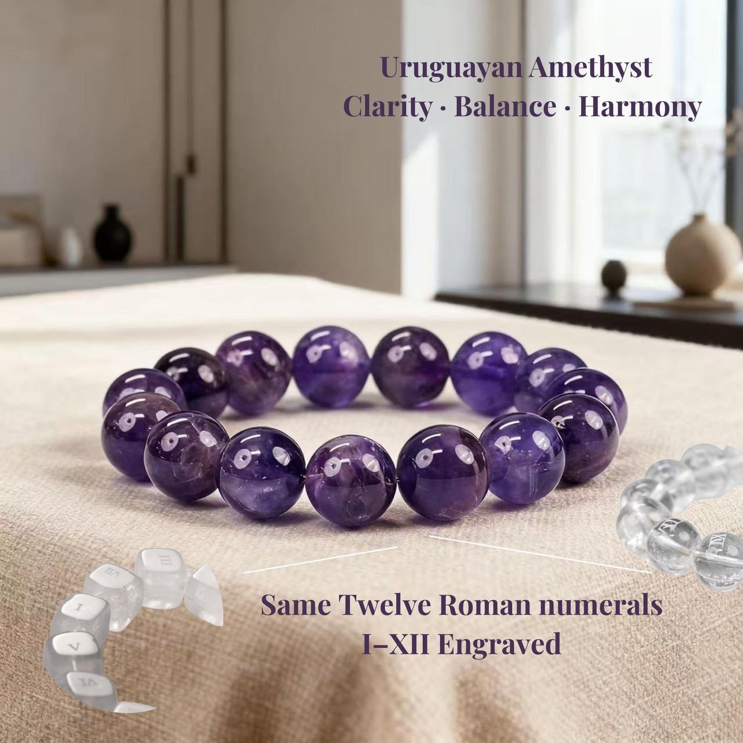 Natural Amethyst Bracelet for Women – Deep Purple Uruguayan Gemstone Beads with Roman Numeral Engraving, Crystal Jewelry for Clarity, Intuition & Daily Reflection, Gift Box Included