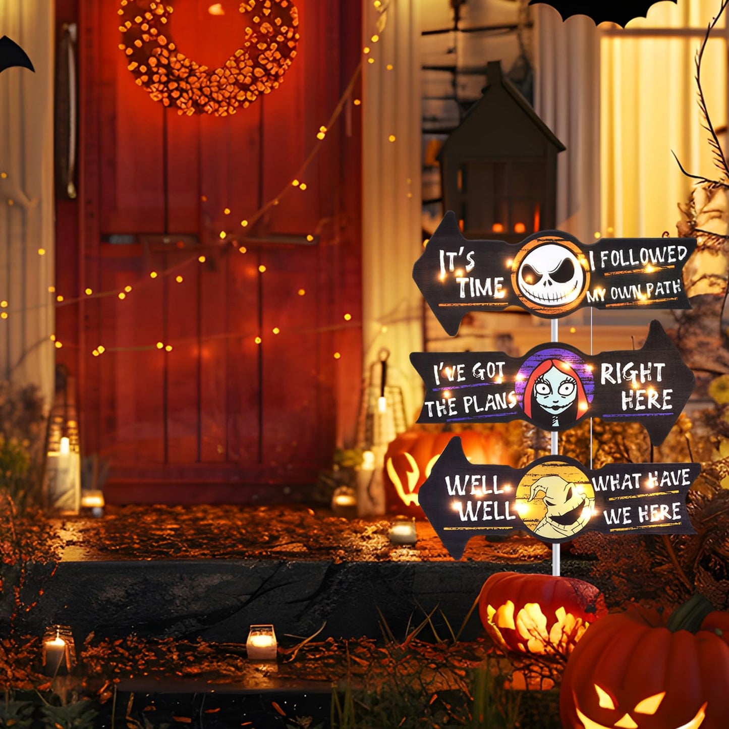Lighted Jack Sally Yard Signs, Scary Halloween Decor Christmas Nightmare Halloween Decorations Outdoor Before Party Lawn Cute Garden Yard Stakes Outside Arrow Decorations Clearance