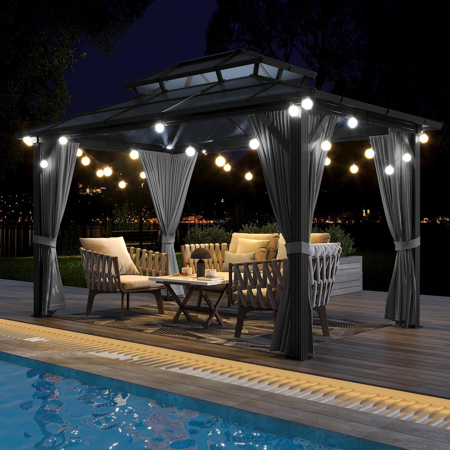 13'x10' Hardtop Gazebo, Heavy Duty Aluminum Permanent Hardtop Gazebo Outdoor Pavilion with Curtains and Netting for Garden (Gray, PC Top / 13'x10')