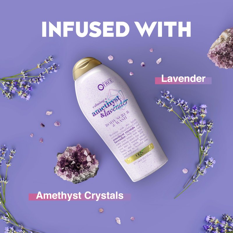 OGX Calming + Amethyst & Lavender Body Scrub & Wash, Gently Exfoliating, 19.5 fl oz