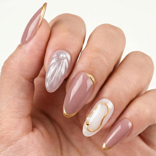 3D Press On Nails Almond Shape, Nude Pink with Gold Edge & Pearl Design, Glossy Luxury Fake Nails Set, 24PCS Reusable Artificial Nails for Women