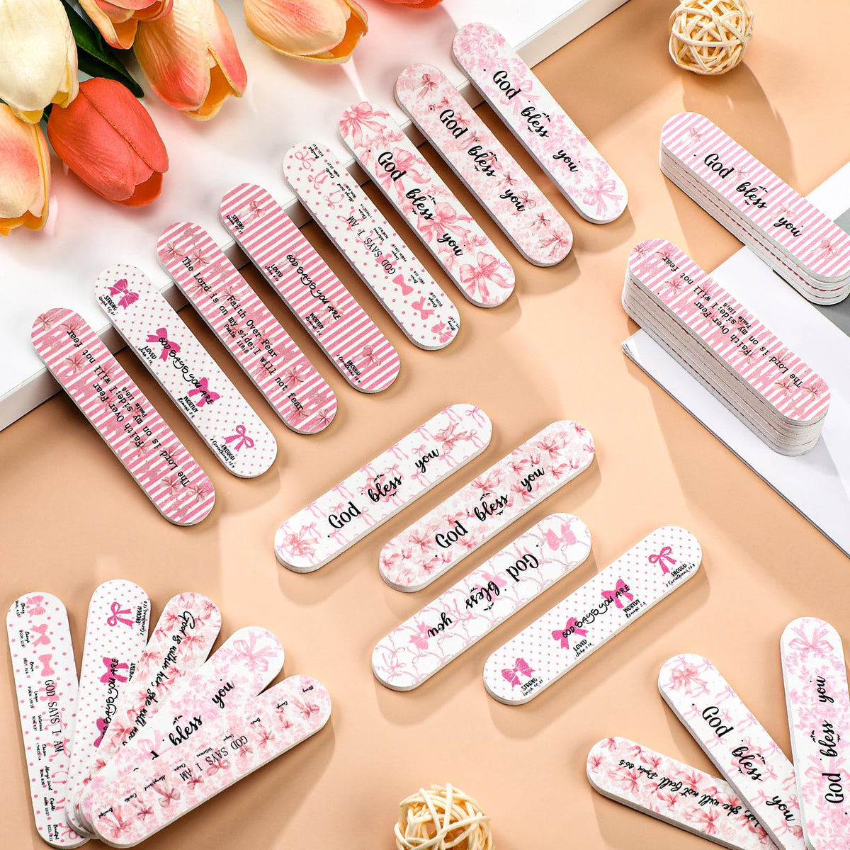 Lanties 50 Pcs Christian Gifts Bulk for Women Pink Bow Pary Favors Mini Nail Files Christian Party Favor Bible Verse Emery Boards Religious Gifts for Teacher Employee Staff Coworkers Office Supplies