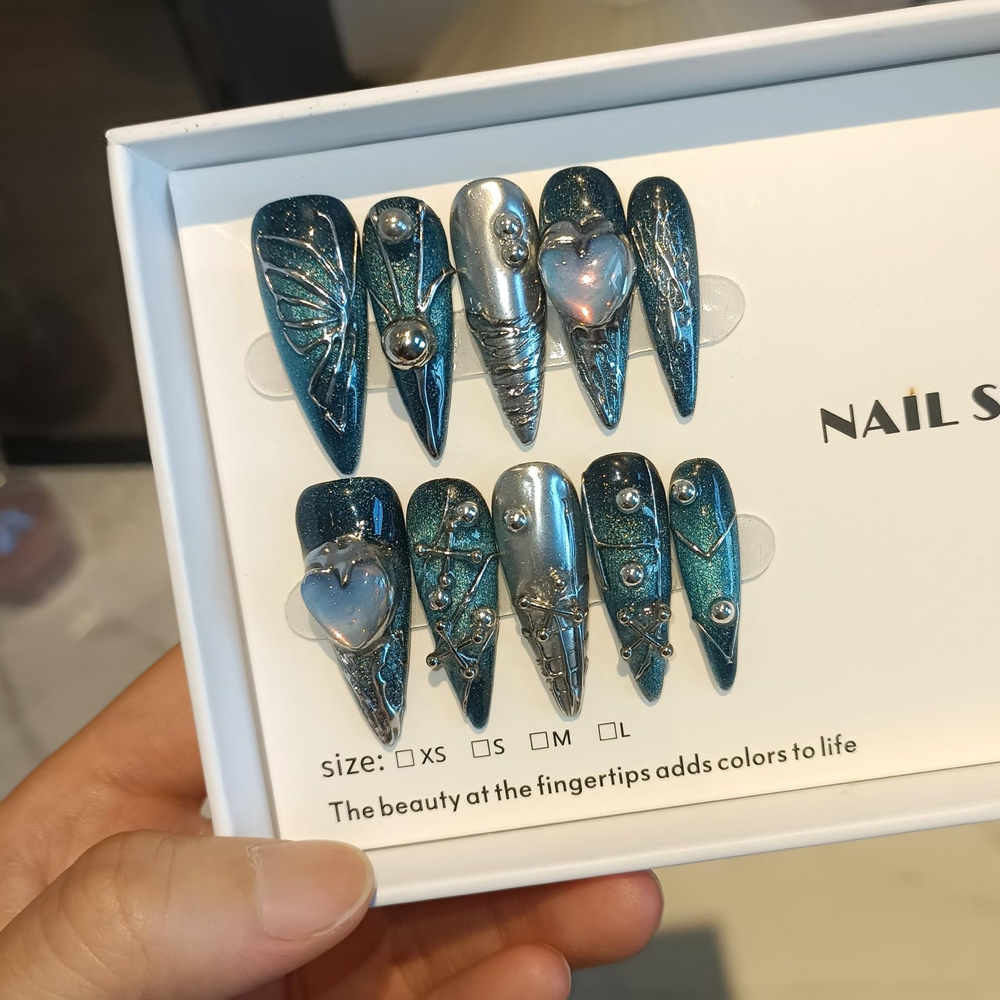TENPAL Handmade Press on Nails Long Stiletto,Galaxy Ombre Blue-Black Fake Nails with 3D Butterflies Cross Beads Gem Stones,Edgy Y2K Metal Embossed Meteor Glitter Design Salon False Nail Kit 10pcs(M)