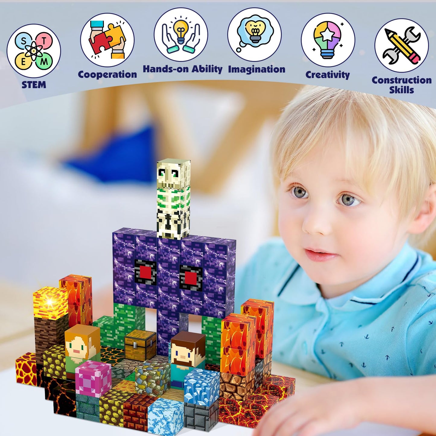 AIDYVOI 100pcs Magnetic Blocks, Magnetic Building Blocks Toys STEM Construction Toys Toddlers Age 3-8, Light Up Magnet Cubes Montessori Sensory Stacking Toy for Boys Birthday Gift
