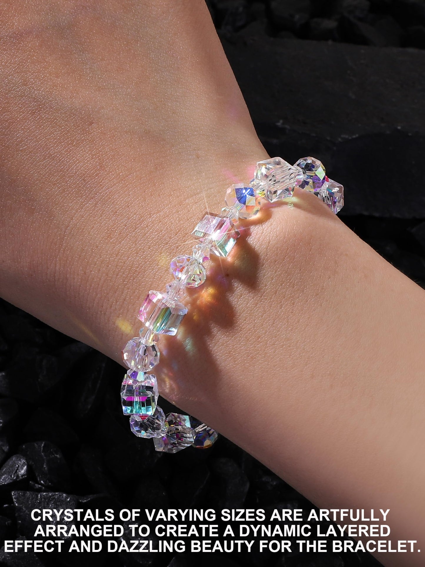 HANGINTHERE Aurora Crystal Bracelet for Women ,7 Inch Stretchy Iridescent Bracelet with 8mm Aurora Borealis Beads,Gift for Girlfriend Best Friends Mom Wife, Birthday Valentine‘s Present with Velvet Pouch
