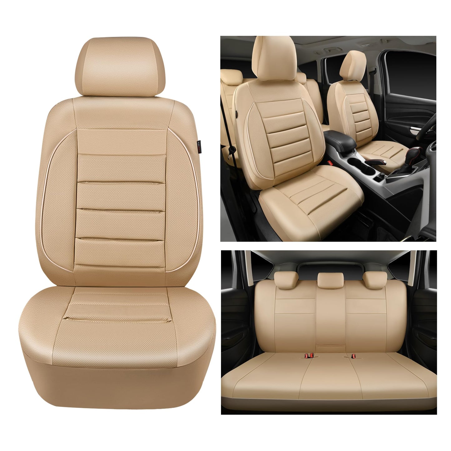 CAR PASS Leather Seat Covers Full Set Universal Water Resistant 3D Foam Back Support, Luxury Comfort Automotive 5 Seat Covers All Season Fit for SUV,Sedan,Van, Airbag Compatible Elegance (Beige)