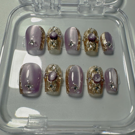 NLSJMP,Handmade Short square Press on Nails,Luxury Design Nail Art Kit,Acrylic Fake Nails Kit,Reusable False nails,Include Toolkit,10pcs,Purple,Size M