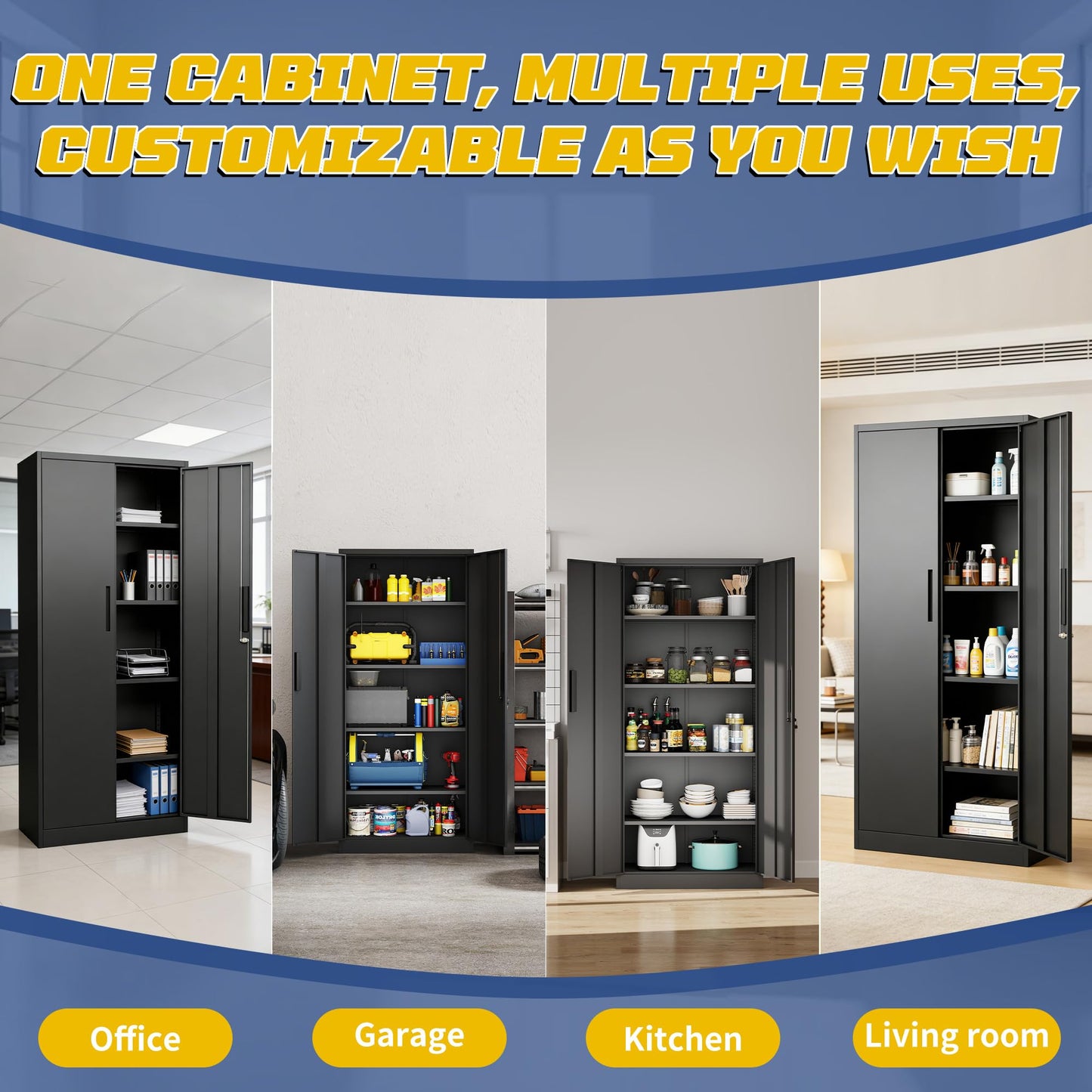 FLIXELIO Metal Storage Cabinet with Adjustable Shelves, 72" Steel Garage Storage Cabinets with Lock and 2 Door, Locking Tool Cabinet Utility Cabinets for Garage, Kitchen, Home Office, School, Shop