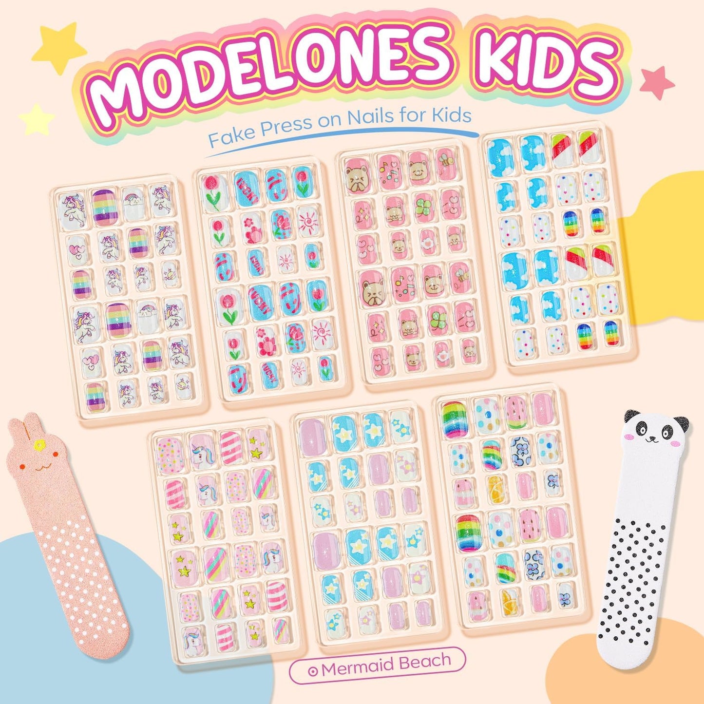 Modelones Press on Nails for Kids 144Pcs 6 Pack Children Acrylic Fake Nails Pre-glue Full Cover Glitter Gradient Color Cloud Heart Short False Nail Art Kits Sets Christmas Gifts for Kids Girls