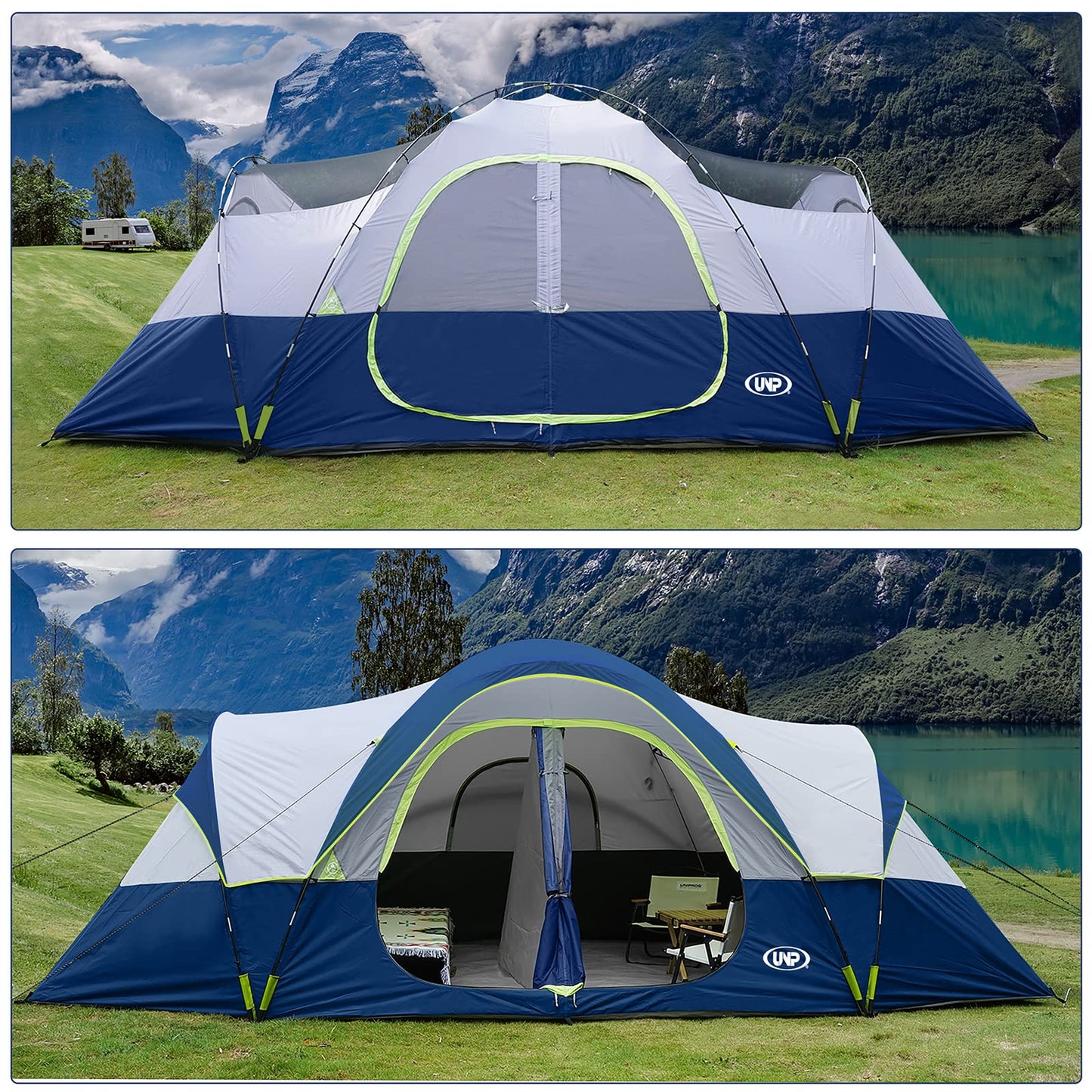 UNP Camping Tent 10-Person-Family Tents, Parties, Music Festival Tent, Big, Easy Up, 5 Large Mesh Windows, Double Layer, 2 Room, Waterproof, Weather Resistant, 18ft x 9ft x78in (Dark Blue)