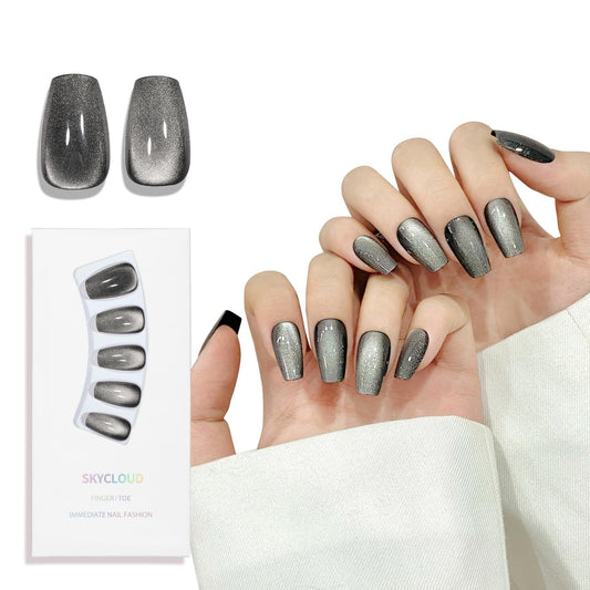 Black Cat Eyes Press On Nails,12 Sizes-24 Pcs Soft Gel Black Medium Coffin Fake Nails Kit, Natural Reusable Stick On False Nails for Women and Girls SK0861