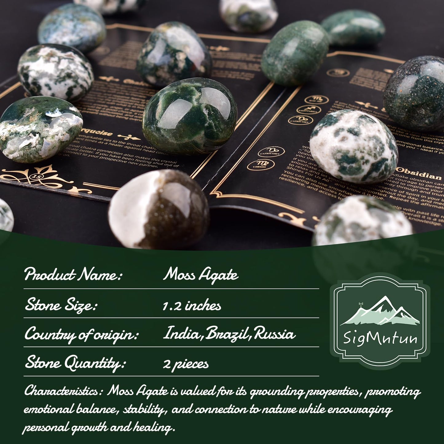 Super Large Polished Moss Agate Healing Crystal Stones - 2 Pcs of 1.2" Worry Stone for Anxiety, Pocket Palm Gemstones Handpicked Natural Tumbled Rocks for Meditation, Reiki, Chakra, Home Decor