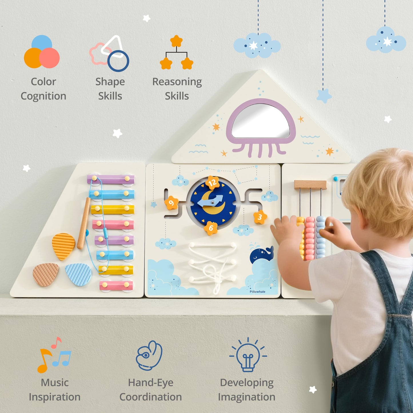 Pillowhale Tangram Activity Wall Busy Board Panels, 12-in-1 Learning Activity Center, Wooden Montessori Sensory Toys for Toddler Playroom, Nursery, Daycare, Classroom, Dentist Waiting Room