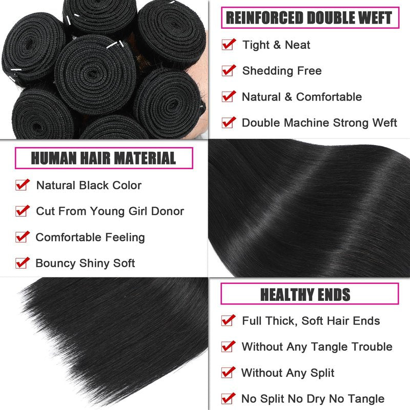 NROOEAY Straight Bundles Human Hair 22 inch 100% Unprocessed Brazilian Straight Hair Bundles 12A Remy Virgin Retain the Intact Cuticle, Long Lifespan