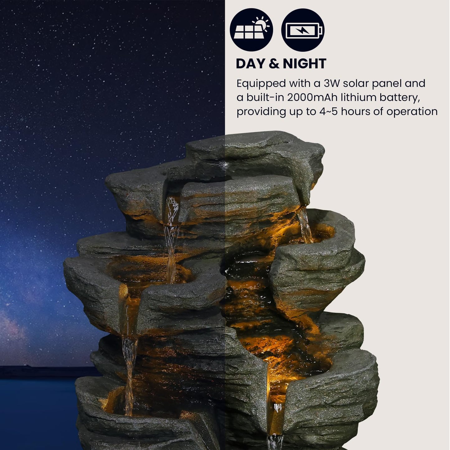 6-Tier Solar Water Fountain Outdoor, 24.4" H Cascading Rock Feature Garden Fountains and Waterfalls with Light, Pump, Solar Panel for The Patio, Deck, Porch, Backyard Home Décor, Stone Gray